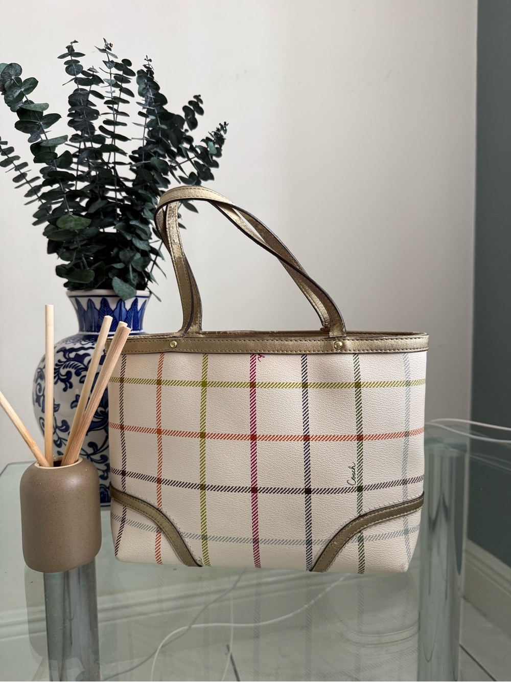 Coach White Plaid Tote with Multicolor Accents and Gold Trim - Picture 2 of 4